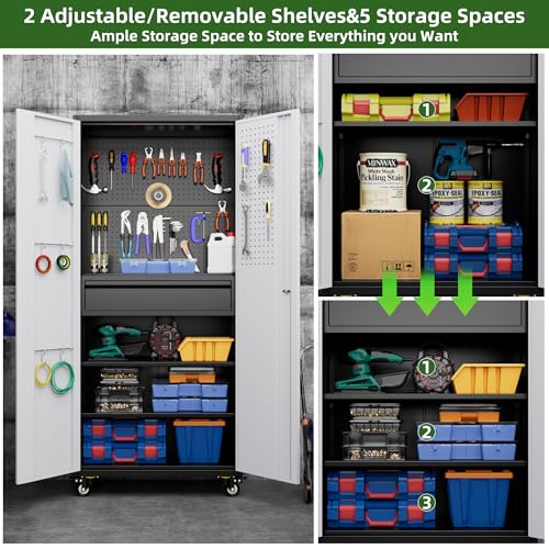Aobabo 71" H×34" W×18" D Garage Metal Storage Cabinet with Wheels, Locking Steel Storage Cabinet with 5 Shelves and 4 Hooks, for Home Office, School, Assembly Required, Black Silver