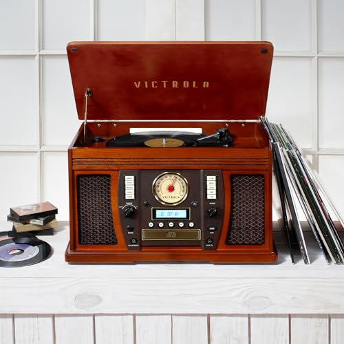 Victrola Navigator 8-in-1 Bluetooth Record Player with Built-in Speakers– 3 Speed Turntable, CD Player, Cassette, FM Radio, USB, RCA Out, Headphone Jack, Wireless Music Streaming, Real Wood (Mahogany)