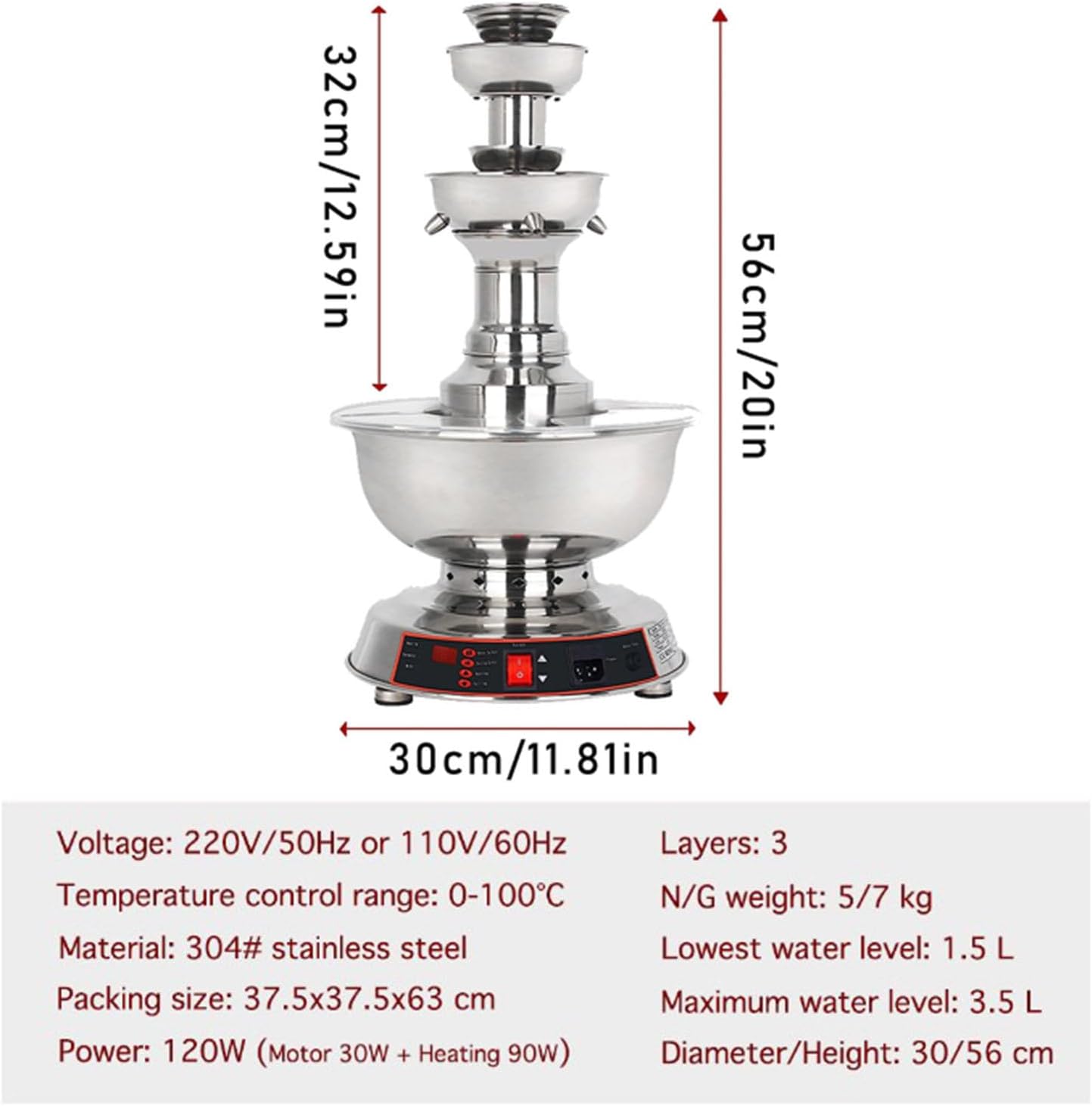 3-Tier Party Wine Fountain Machine, 120W Wine Fountain Machine, Temperature Adjustment 0~100℃,Juice and Wine Fountain with LED Lighted Base, Wine Dispenser Machine for Wedding Bar Party