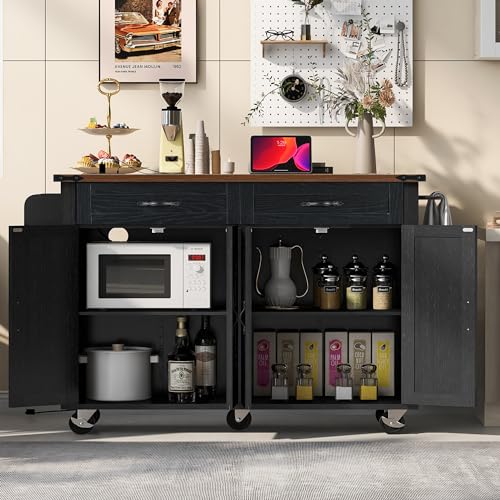 54.5" Farmhouse Kitchen Island with Drop Leaf,Storage Cabinet Island on Wheel,Rolling Home Cart Breakfast Bar Table with Power Outlet, 3 Drawer, Spice Rack