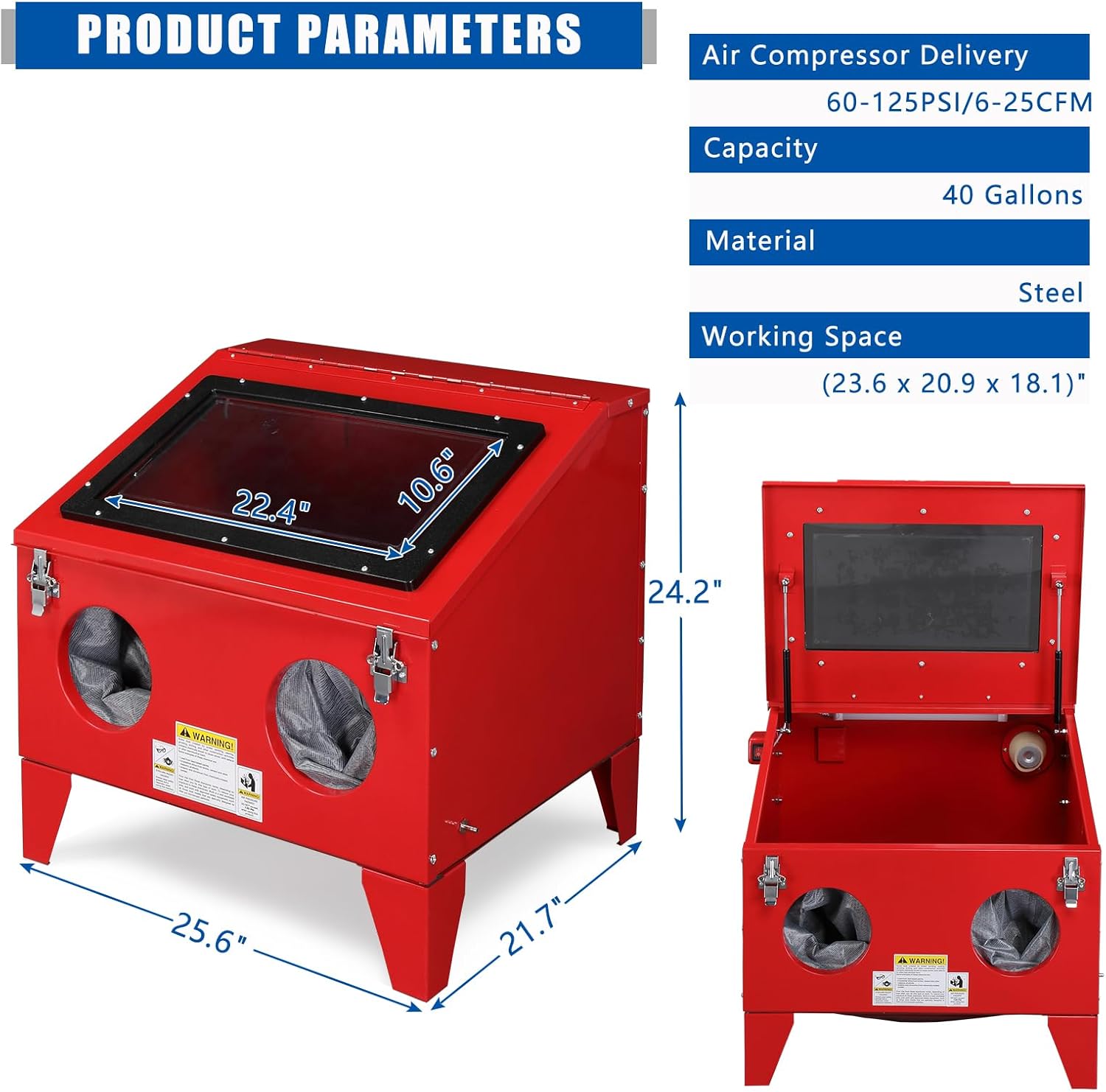 40 Gallon Portable Bench Top Sand Blasting Cabinet Blast Cabinet Air Sandblaster with Spray Gun Steel Air Compressor Delivery 60-125PSI/6-25CFM for Rust Removal, Stain, Paint