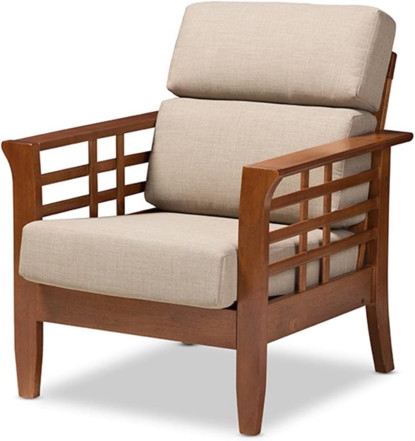 Baxton Studio Larissa Modern Classic Mission Style Cherry Finished Brown Wood and Dark Beige Fabric High Back Cushioned Living Room 1-Seater Lounge Chair