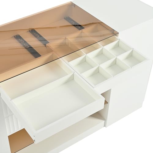 Wardrobe Armoire Bedroom Island with Glass Top, Glass Display Shelf & 6 Drawers, Wooden Closet Storage Cabinet with Open Shelves for Bedroom, Shops, Walk-in-Wardrobe, White