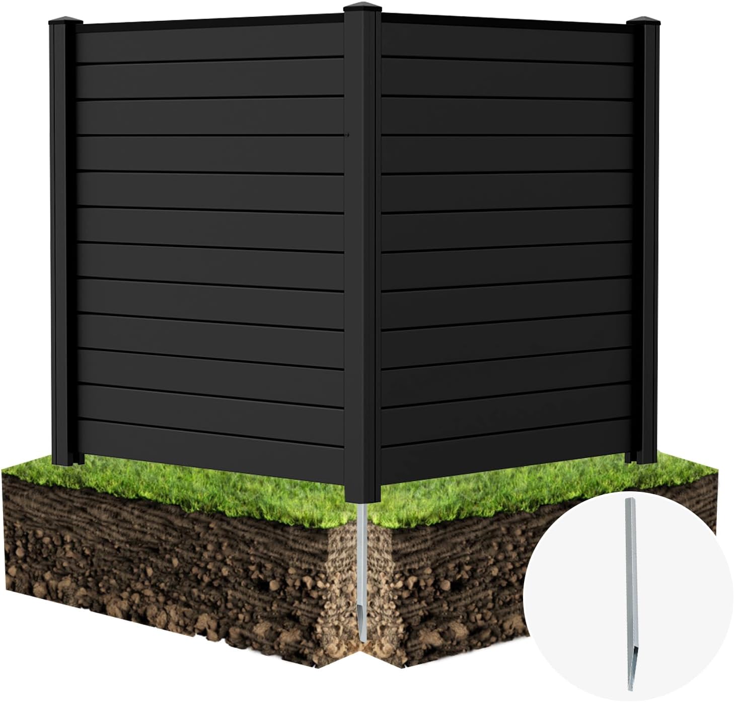 Happygrill Air Conditioner Fence, 2-Panel Outdoor Privacy Fence Screen w/Metal Ground Stakes, 48''L x 48''H Freestanding Trash Can Pool Equipment Enclosure, PVC Fence Panels for Garden Yard, Black