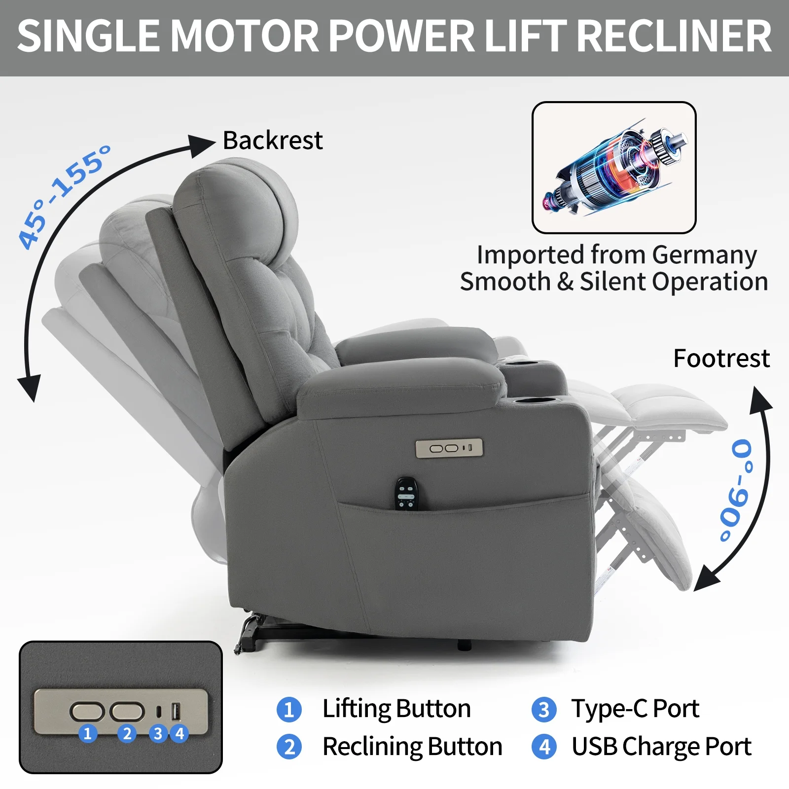 Power Lift Recliner Chair for Elderly with Removable Cover,Extra Wide Recliner Massage Chair for Big and Tall People with Heated,USB Charge Port,Cup Holders(Grey)