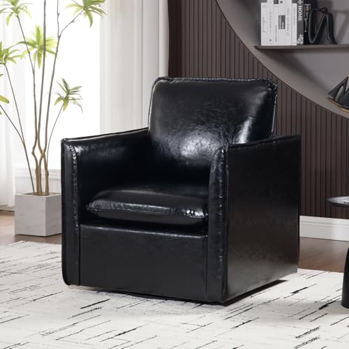 Swivel Accent Chair, Leather Upholstered Arm Chair with Back Pillow Mid Century Modern Barrel Chairs for Living Room, Bedroom, Corner, Club (Green)