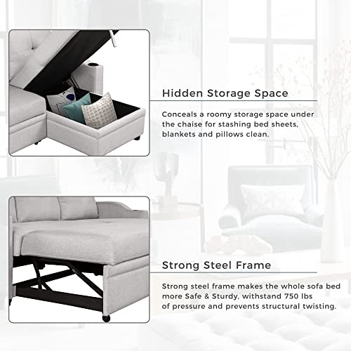 80.3" Pull Out Sofa Bed Modern Padded Upholstered Sofa Bed, Linen Fabric 3 Seater Couch with Storage Chaise and Cup Holder, Small Couch for Small Spaces Living Room Sectionals