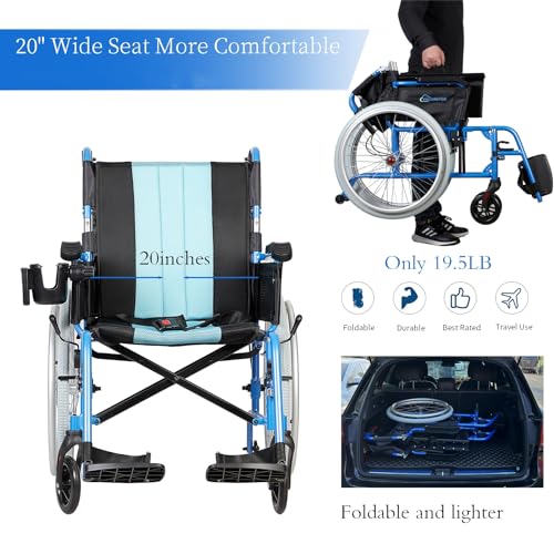 13lbs Lightweight Wheelchair, Self-propelled Wheelchair with 20" Wide Seat, Foldable Portable Wheelchair for Adults with Travel Bag Cell Phone Holder Silver