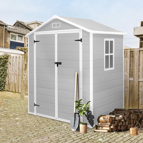 6x4.4FT Outdoor Resin Shed with Reinforced Floor, All-Weather Plastic Shed with Lockable Door, Window & Vents, Garden Tool Sheds & Outdoor Storage Clearance for Garden Patio Lawn (Gray)