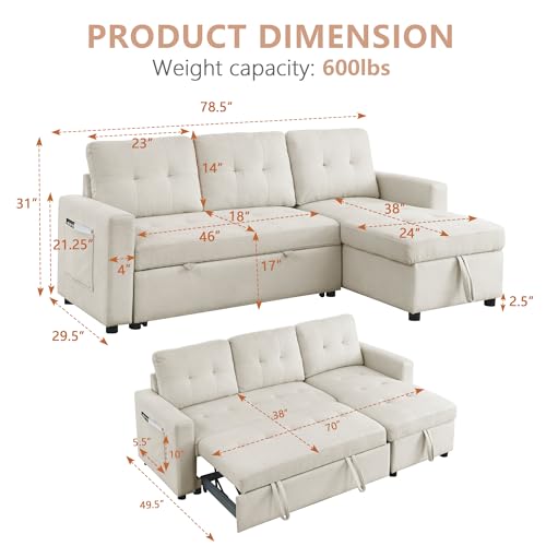 Reversible Sleeper Sectional Sofa, Chenille Fabric Convertible Pull Out Sleeper Sofa Bed with USB Ports, L-shaped Sectional Couch with Storage Chaise for Apartment Living Room, Light Gray