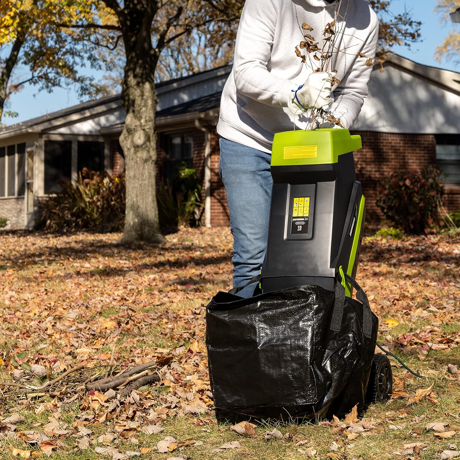 Earthwise Power Tools by ALM GS015 15-Amp Electric Corded Chipper/Shredder with Collection Bag, Green/Black