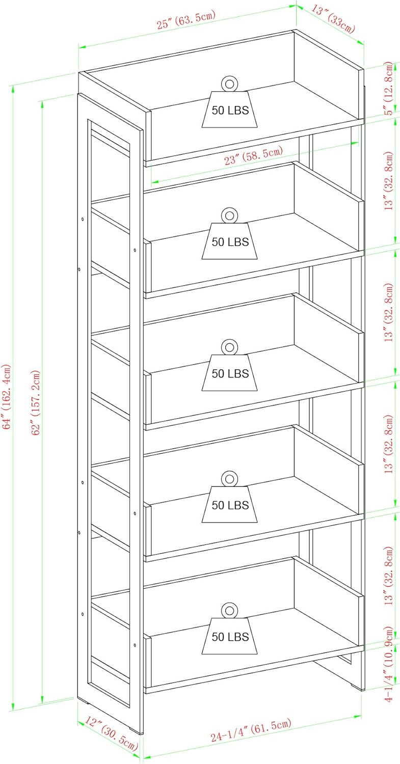 Walker Edison Addison Urban Industrial Metal and Wood 5-Shelf Bookcase, 64 Inch, Grey Wash