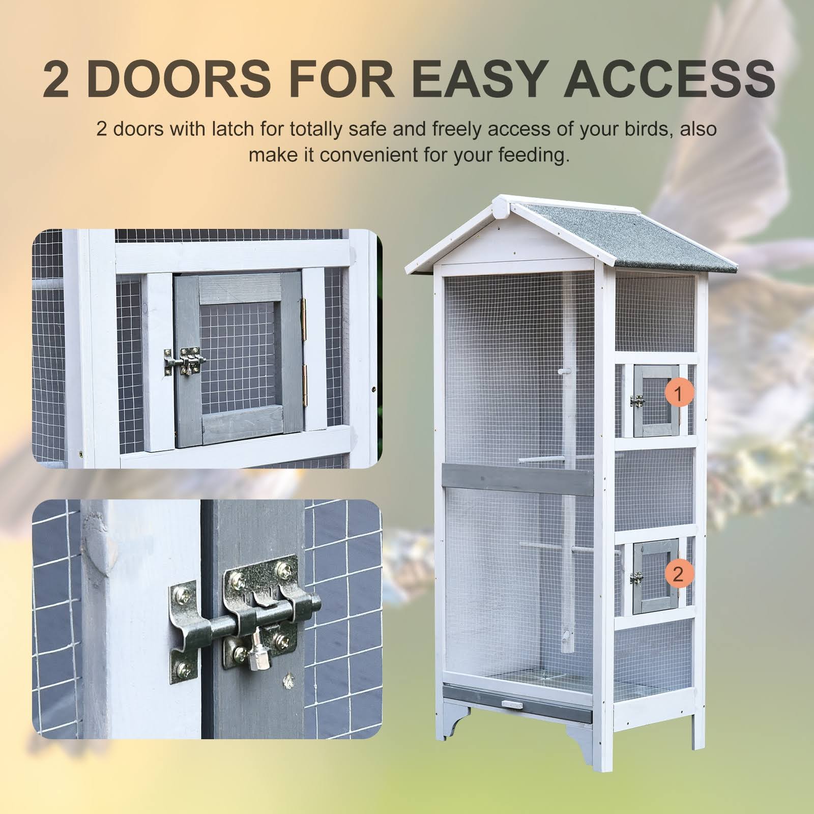 Pawhut Outdoor Wooden Aviary Bird Cage Large Play House w/ Removable Bottom Tray - Grey