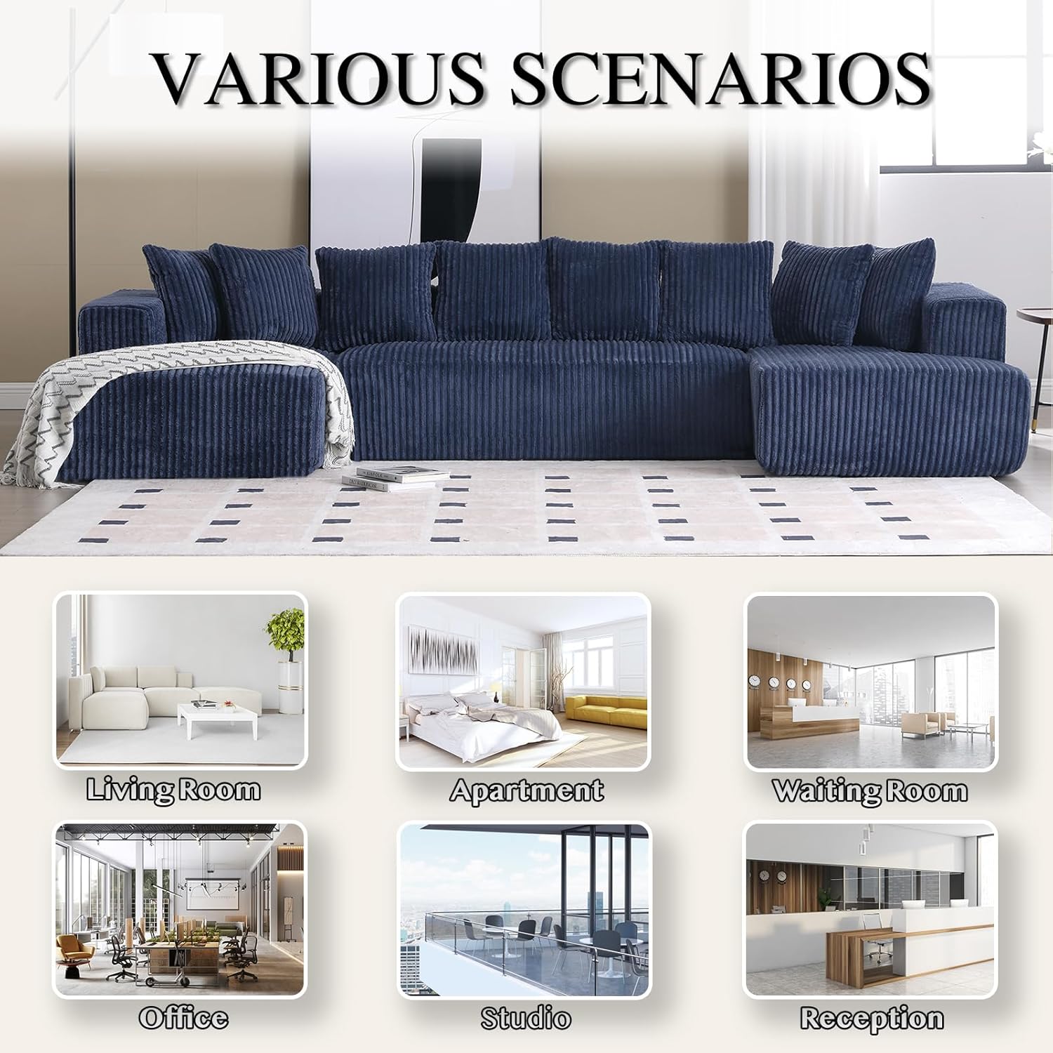 130'' Modular Sectional Sofa, Double Chaise Lounge, U Shape Sectiona Couches, Modern Minimalist Cloud Sofa, 8 Pillows, Corduroy Block 4 Seater Couch for Living Room, Apartment, Hotel, Blue
