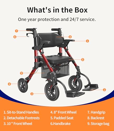 Walkers for Seniors, Rollator Walker with Seat, Transport Wheelchair Lightweight Foldable, Adult Rolling Walker, Rollator Transport Chair with Brakes, 2 in 1 Walker Wheelchair Combo Z51-2024 New