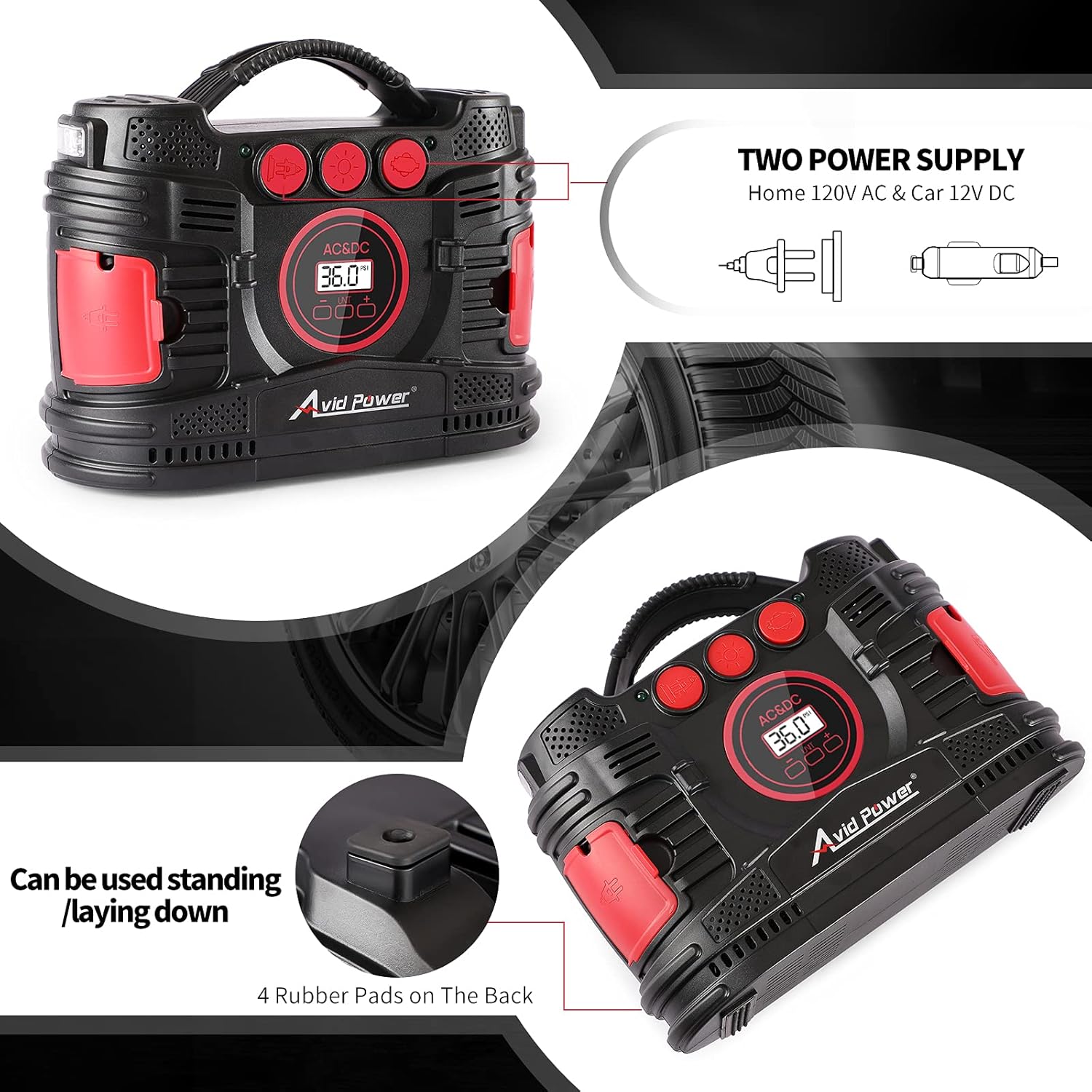 AVID POWER AC/DC Tire Inflator, Portable Air Compressor for Home (110V) and Car (12V), Electic Tire Pump with Dual Powerful Motors for Fast Inflation, Auto Shut-Off Digital Gauge & LED Light Pack of 2