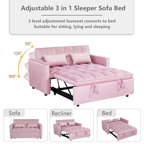 3 in 1 Convertible Sleeper Sofa Bed,Futon Loveseat Couch with Pull-Out Bed & Adjustable Backrest,Velvet Fabric Sofa with Side Pocket for Small Apartment, Living Room, Office (Black)