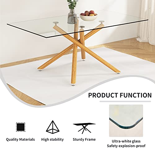 71 Inch Glass Dining Table for 6-8 with Golden Chrome Metal Legs, Tempered Glass Top Dining Table, Rectangular Modern Dining Table for Kitchen, Dining Room, Living Room (Golden + Glass)