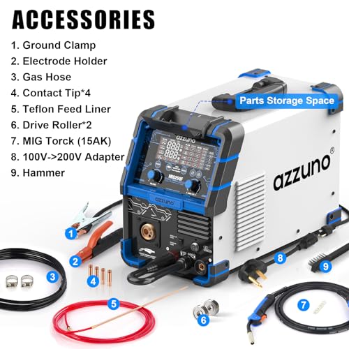AZZUNO 200A MIG Welder,110V/220V Dual Voltage multiprocess welder,Gas Gasless MIG Welding Machine,4 in 1 Flux MIG/Solid Wire/Lift TIG/Stick ARC Welder (Grey)