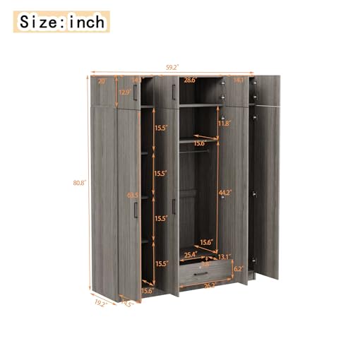 Wardrobe Armoire with 4 Doors, Four-Door Design Mirror Wardrobe with Shelves, Drawers and Hanging Rod, Built-in Dressing Mirror, 68" H Freestanding Wardrobe Cabinet