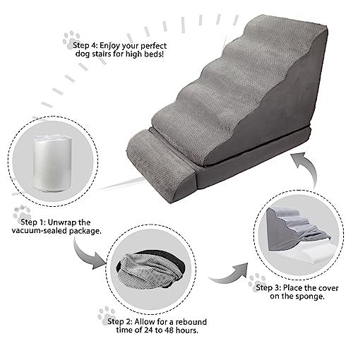 Foam Dog Stairs & Steps Ramps for High Beds 30-36 inches High Tall, LitaiL 6 Step Pet Stairs/Steps for High Beds 30 inch Large Dogs, Non-Slip Dog Ramps for Small Dogs, for Older Dogs/Cats Injured