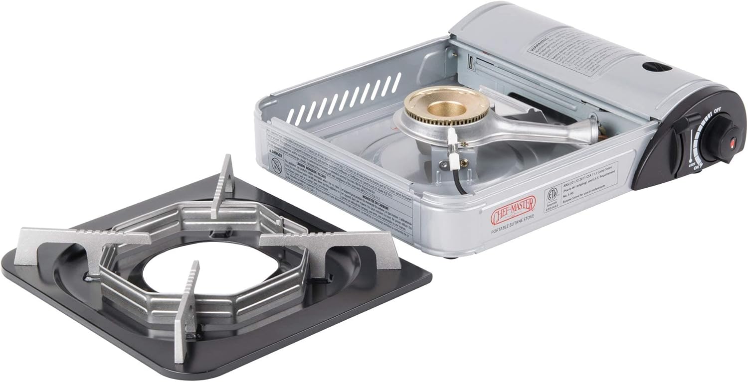 CHEF MASTER 90011 Portable Butane Stove | 10,000 BTU Outlet | Camp Kitchen Equipment | Emergency Stove | Hurricane Stove | Single Burner Camp Stove | Camping Cooking Stove + 4 Fuel Canisters Pack of 2