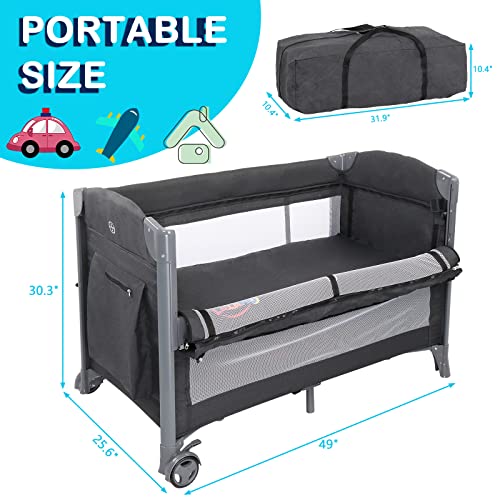Ktaxon 3 in 1 Baby Bassinet, Bassinet Bedside Sleeper Baby Crib with 3 Levels Height Adjustment, Fast Folding Design and Flexible Wheel with Brake from Newborn to Toddles(Dark Grey)