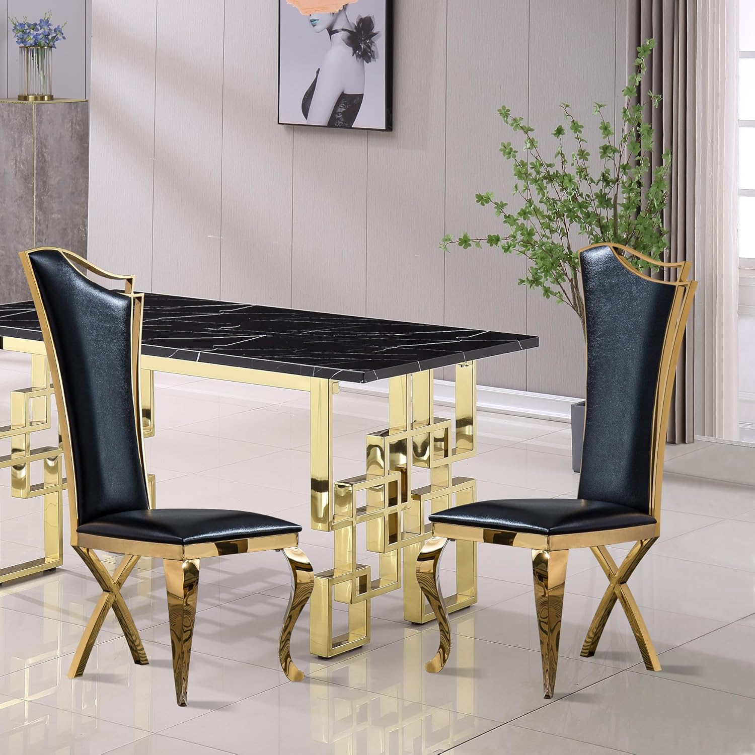 Modern Dining Room Table Set for 6, Marble Dining Table Set for 6, 70" Black Gold Marble Dining Table with 6 Upholstered PU Leather Chairs, 7 Piece Dining Table Set for Dining Room Kitchen
