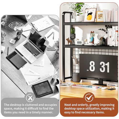 Desktop Bookshelf for Computer Desk, 2-Tier Multipurpose Wood Countertop Bookshelf, Wooden Desktop Bookcase, Multipurpose Freestanding Storage Rack Display Shelf for Office, Home Decor, BLACK