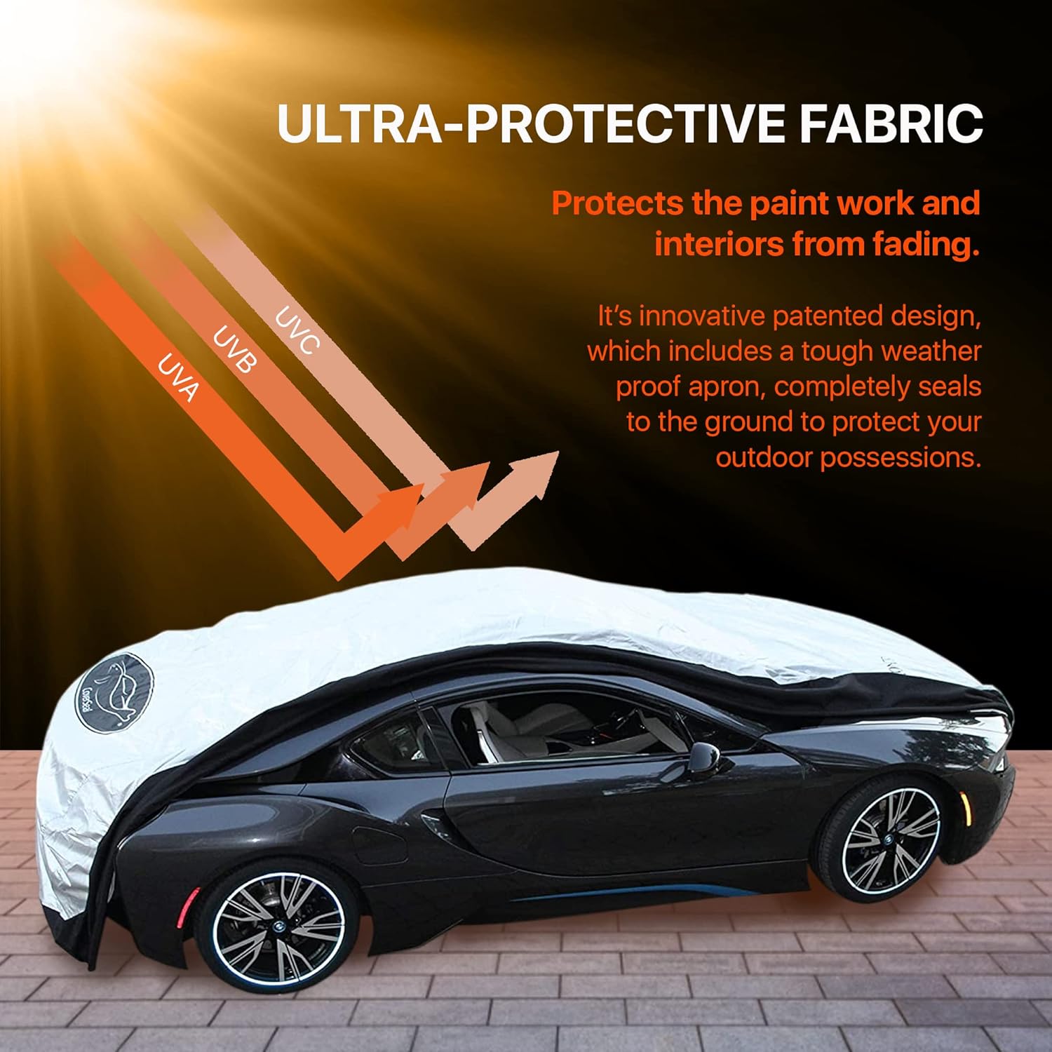 CoverSeal Heavy Duty Outdoor Car Cover with Patented Weighted Ground Conforming Apron Seal - All Weather Waterproof Car Cover for Automobiles - Full Size 230 L x 70-75 W x 73 H inch Max