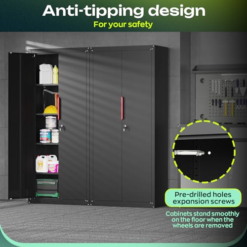 Metal Garage Storage Cabinet, Tall Garage Cabinets with 5 Adjustable Shelves, Steel Tool Storage Cabinet with Wheels,Lockable Heavy Duty Metal Cabinets for Home, Warehouse,Basement