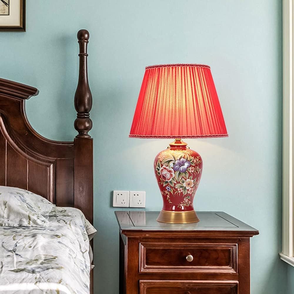 Table Lamps Modern Ceramic Table Lamp Red Glazed Bedroom Bedside Desk Decor Lamps Creative Hand Painted Glazed Table Lamp for Wedding Room Living Room Coffee Touch Dimming Nightstand Lamp