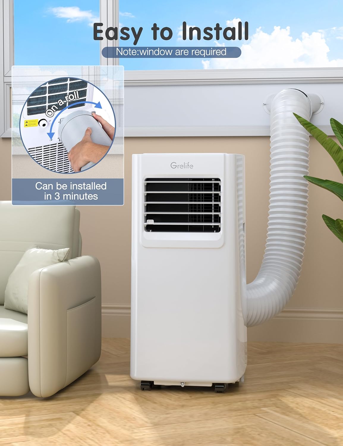 Grelife Portable Air Conditioner, 8000 BTU Air Conditioner Portable for Room Up to 350 Sq.Ft, 24H Timer, Sleep Mode, 3-in-1 Quiet AC Unit with Remote Control & Digital Display, Window Kit Included