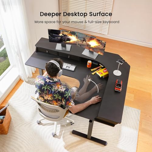 ErGear Electric L Shaped Standing Desk, 65'' Height Adjustable Corner Stand up Desk with Storage Drawers & Cable Management Trays, Modern Home Office Computer Workstation, Black