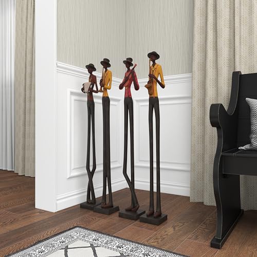 Deco 79 Polystone Musician Decorative Sculpture Tall Long Legged Jazz Band Home Decor Statues with Black Base Stand, Set of 4 Accent Figurines 5"W, 40"H, Brown