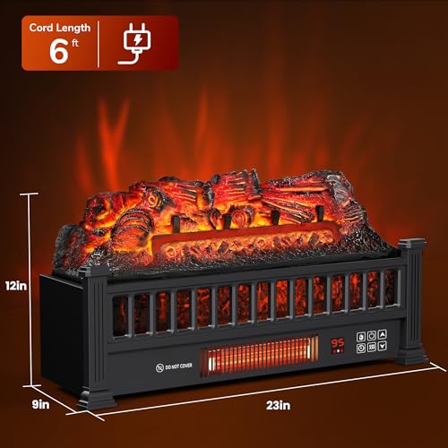 Electric Fireplace Logs 20-Inch, Remote Controller Fireplace Insert Log Heater, Adjustable Flame Colors, Realistic Fake firewood Flame, Overheat Protection, Timer, Thermostat, 1500W Black