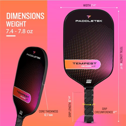Paddletek Tempest Reign V3 Pickleball Paddle | Professional Pickleball Paddles with Polymer Honeycomb Core, ICED Carbon Fiber Surface, Tempest PolyCore & High Tack Performance Grip | USAPA Approved