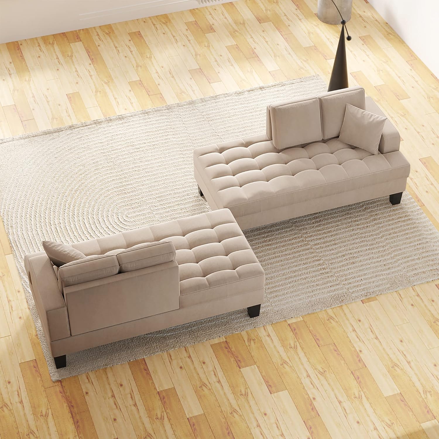 2 Pieces Tufted Upholstered Textured Fabric Chaise Lounge Set,with 2 Toss Pillow,Aristocratic Leisure Recliner,w/Armrests, Backrests,for Living Room Bedroom,Warm Grey