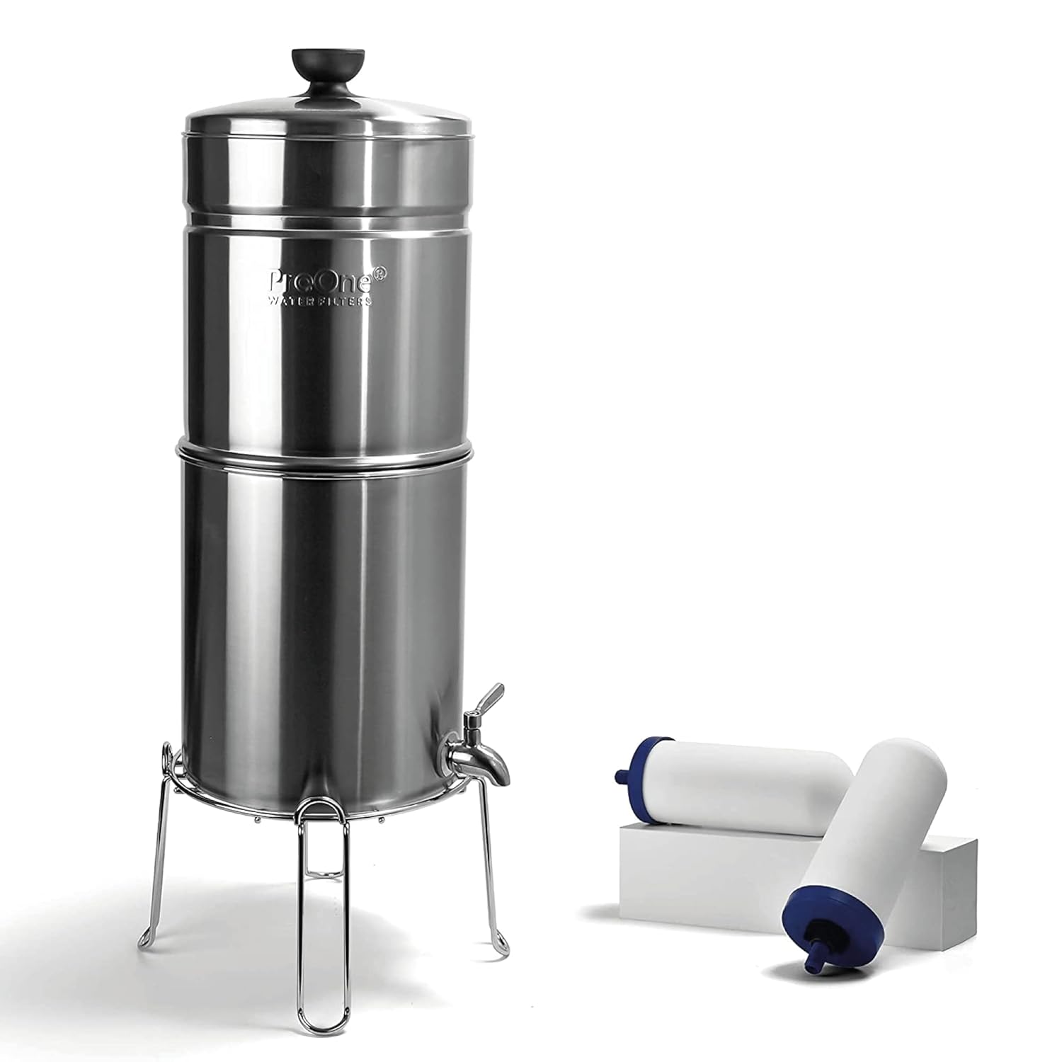 ProOne Traveler+ Stainless-Steel Gravity Water Filter System, 2.25-Gallon Water Capacity, Countertop Water Dispenser for Home, Camping, and Travel w/ (2) 7-inch Filter & Wire Stand