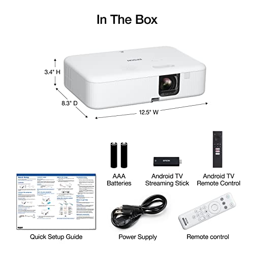 Epson EpiqVision Flex CO-FH02 Full HD 1080p Smart Streaming Portable Projector, 3-Chip 3LCD, 3,000 Lumen Color/White Brightness, Android TV, Bluetooth, 5W Speaker, Home Entertainment