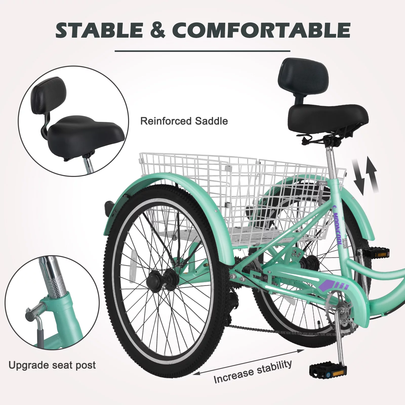 LILYPELLE 24 Adult Tricycle 7 Speed, Three Wheel Bikes for Adults 400lbs,Low-Step Through Trike Cruiser for Exercise Shopping Outdoor Activities,Cyan