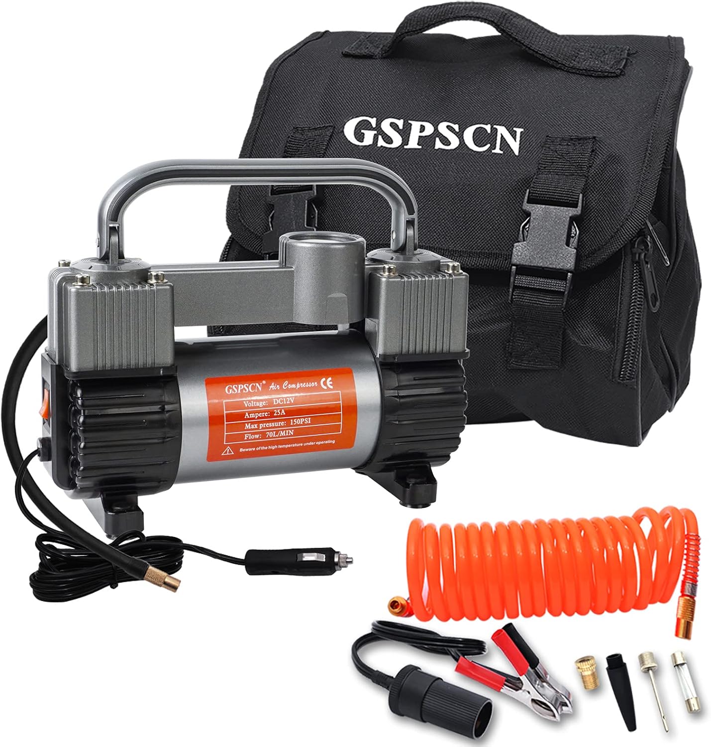 GSPSCN Silver Tire Inflator Heavy Duty Double Cylinders with Portable Bag, Metal 12V Air Compressor Pump 150PSI with Adapter for Car, Truck, SUV Tires, Dinghy, Air Bed etc