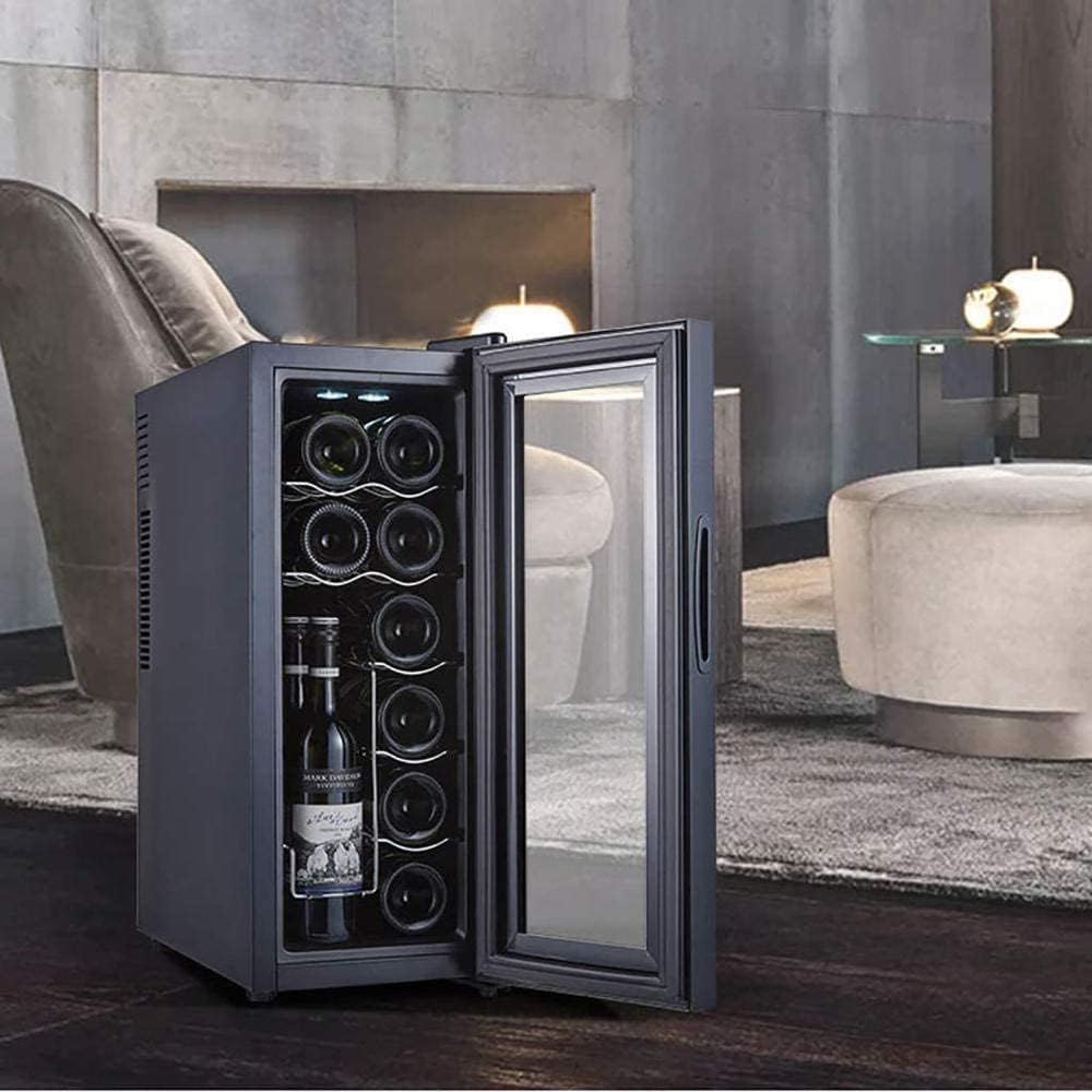 Wine Cooler 12 Bottle Thermoelectric Wine Cellar Fridge Small Countertop Constant Humidity Wine Refrigerator Digital Control Glass Door Black-B Metal Shelves