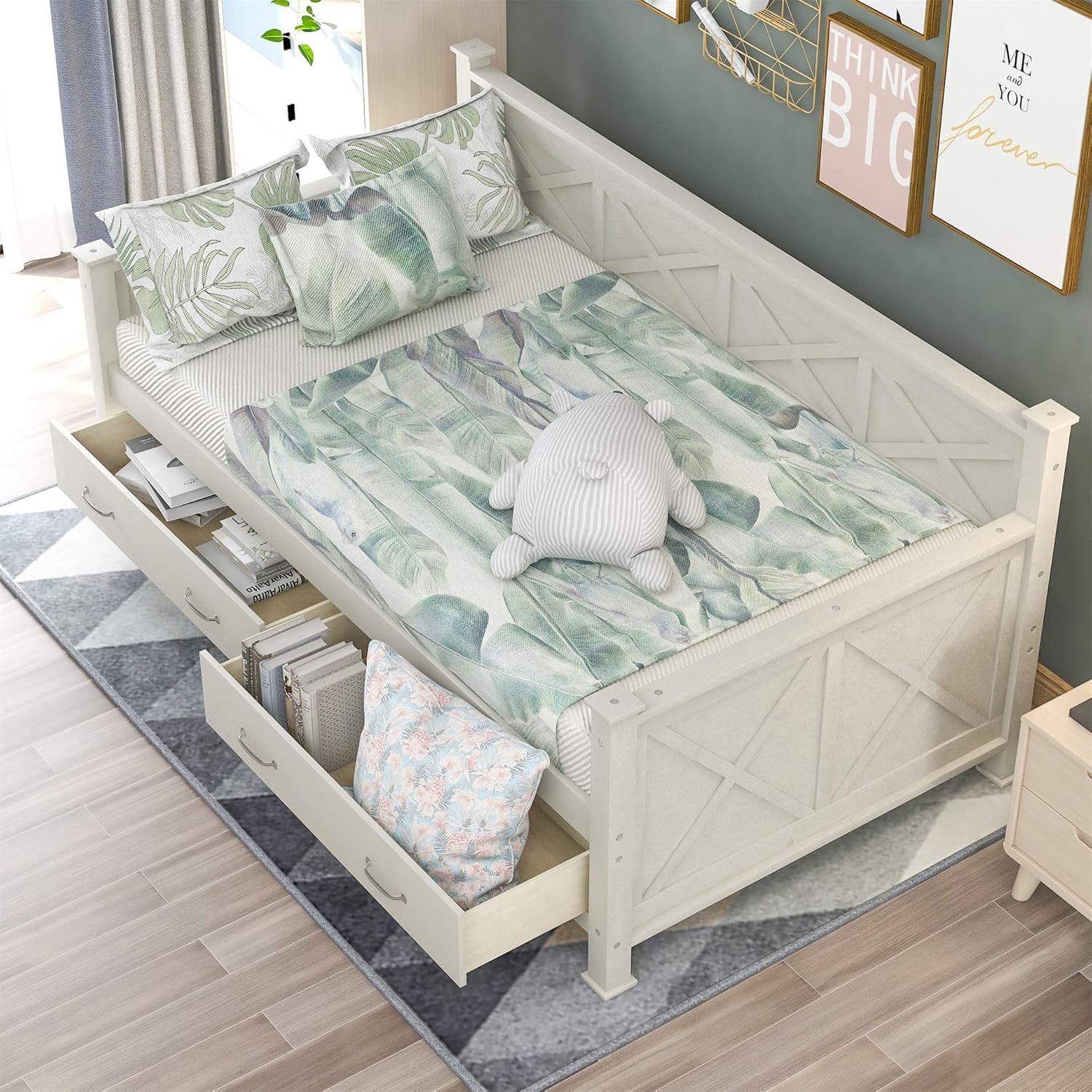 Twin Size Daybed with 2 Large Drawers, Wooden Daybed with X-Shaped Frame, Modern and Rustic Casual Style Daybed (White)