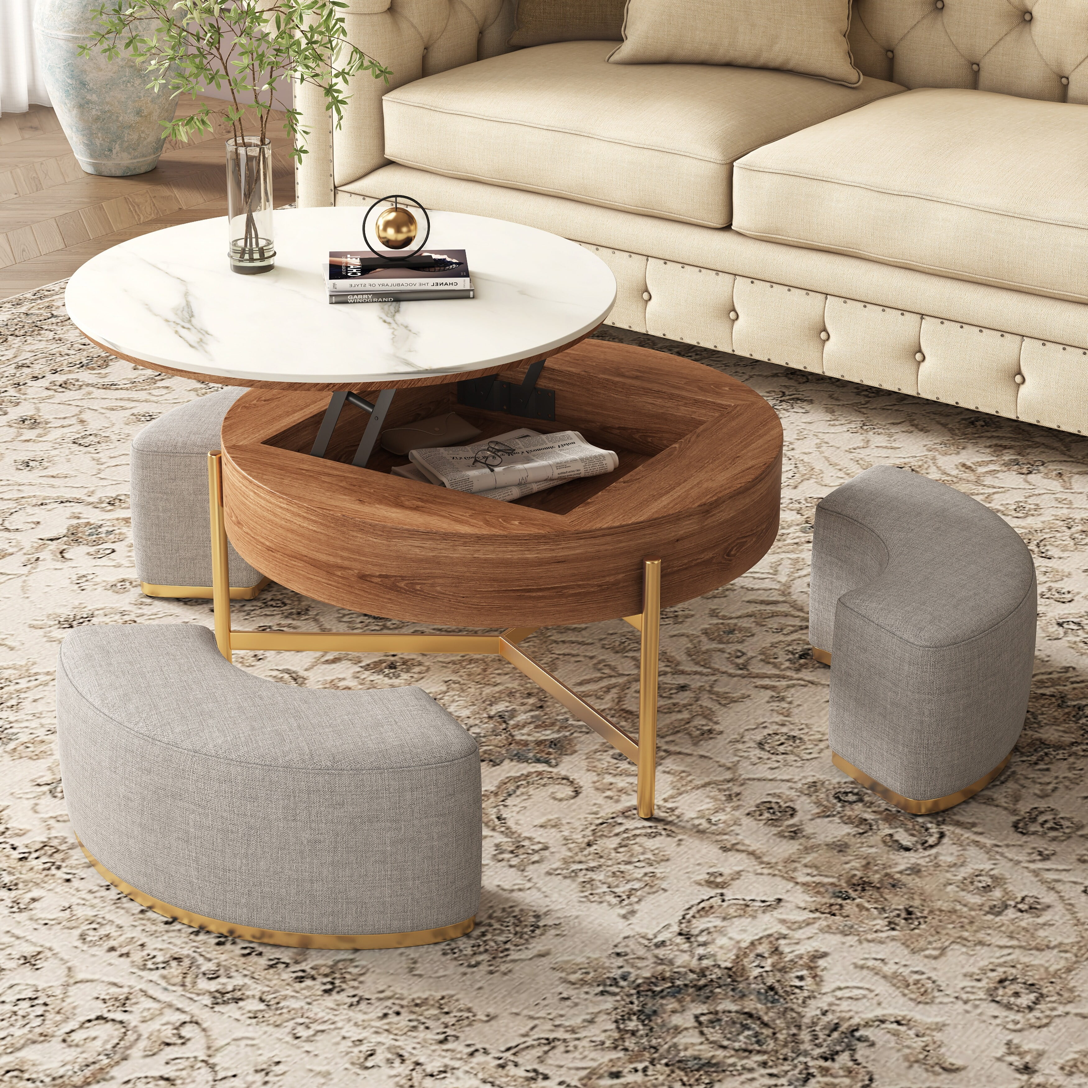 Trade Penny LLC Lift Top 3 Legs Nesting Coffee Table with Storage 3 Stools Included - 31'5" x 31'5"