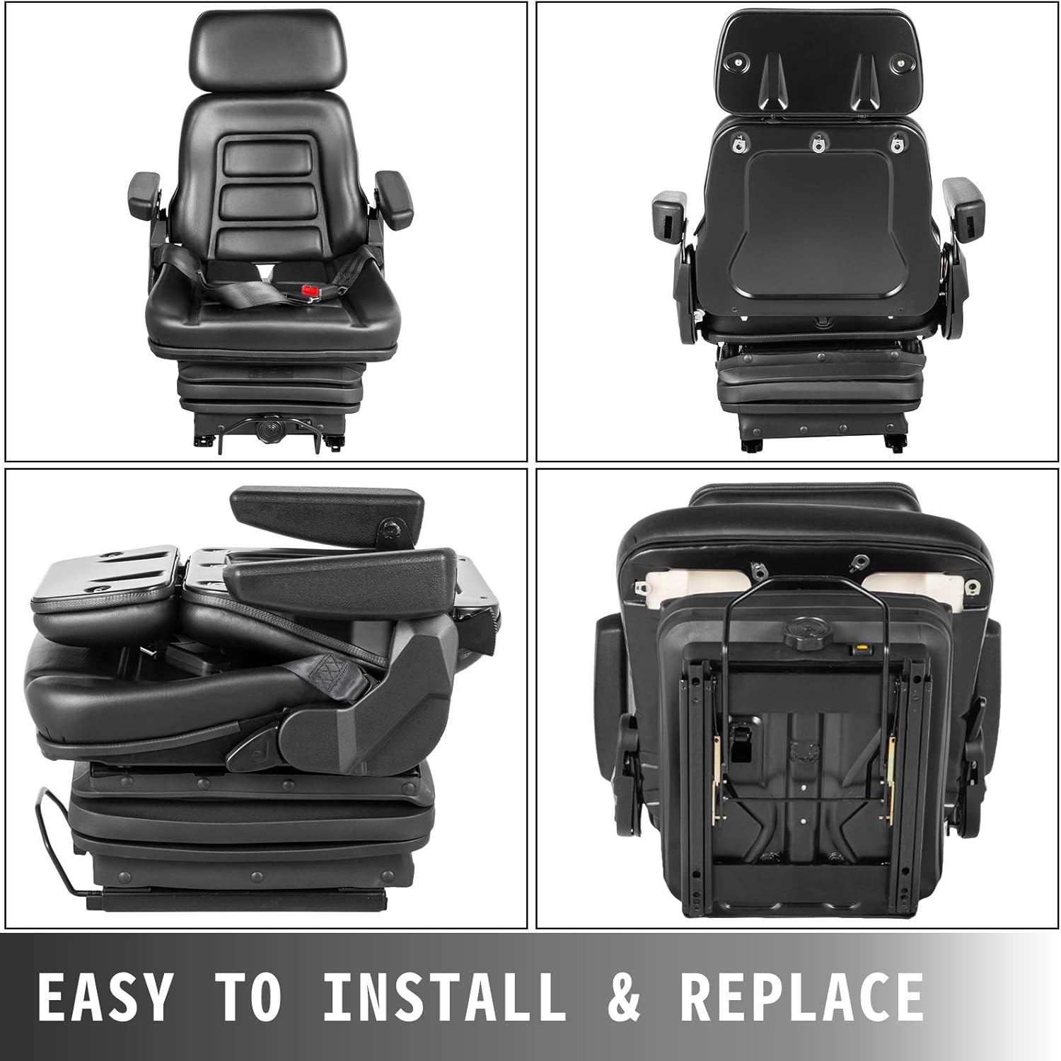 VEVOR Suspension Seat Adjustable Backrest Headrest Armrest, Forklift Seat With Slide Rails, Foldable Heavy Duty for Tractor Forklift Excavator Skid Steer