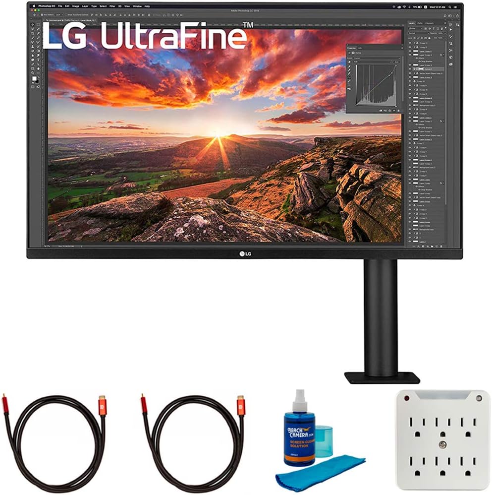 LG 32UN880-B 32 Inch Ultrafine Display Ergo 4K HDR10 Monitor Bundle with 2X 6FT Universal 4K HDMI 2.0 Cable, Universal Screen Cleaner and 6-Outlet Surge Adapter