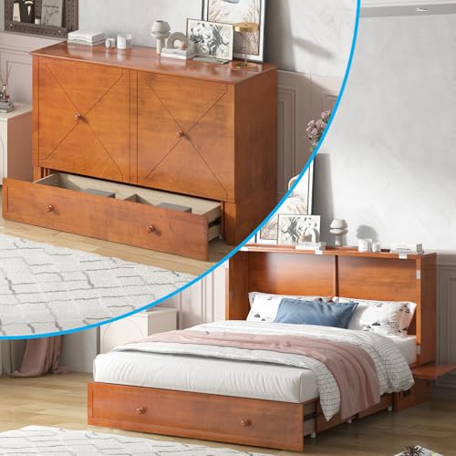Mjkone Queen Size Murphy Bed with Tri-Folding Mattress, Charging Station, Modern Cabinet Bed with Drawers, Multifunctional Design Wall Murphy Beds for Living Room, Apartment (Cherry Pattern H)