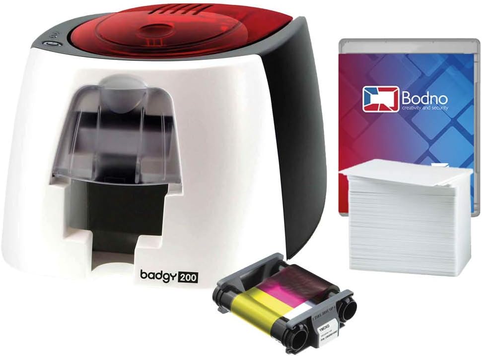 Badgy200 Color Plastic ID Card Printer with Complete Supplies Package with Bodno ID Software - Bronze Edition