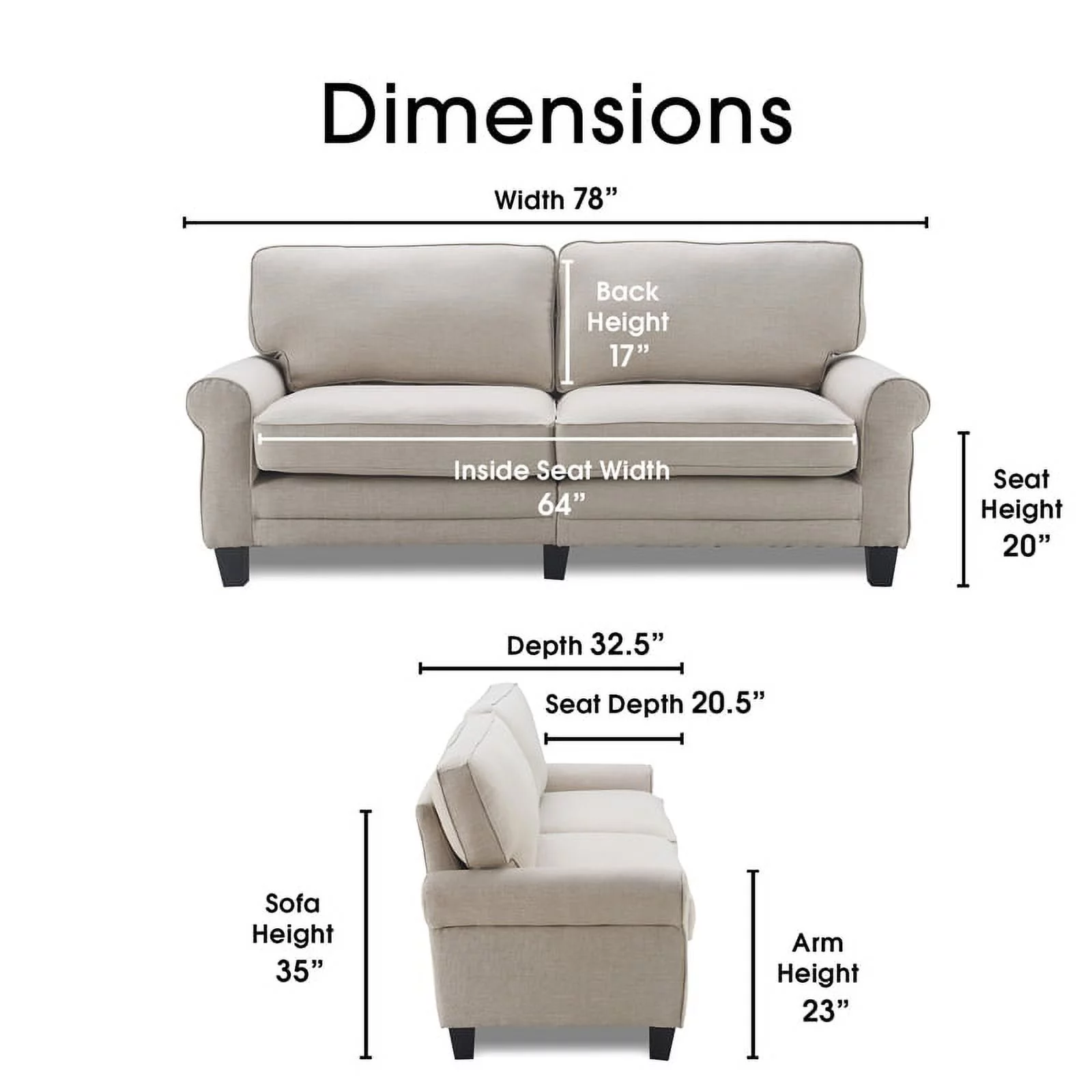 Serta Copenhagen Traditional Rolled Arm 78-inch Sofa, Light Gray Fabric